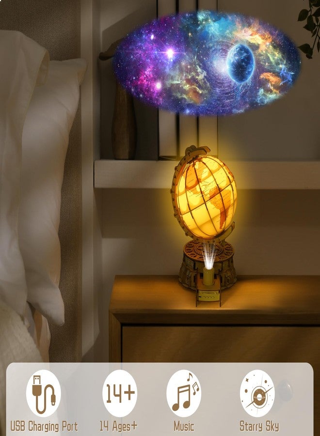 Elcoho 189-Piece 3D Wooden Globe Puzzle for Adults - 24 x 22 x 35cm Illuminated Globe DIY Model Kit with Stand Built-in LED Music Starry Projector Slide Box Stem Gifts for Adults/Teens - Image 5